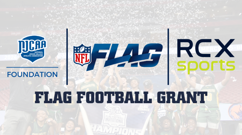 Female athletes photos collage background overlayed with white and the logos for NJCAA, NFL Flag, and RCX Sports with Flag Football Grant underneath them.