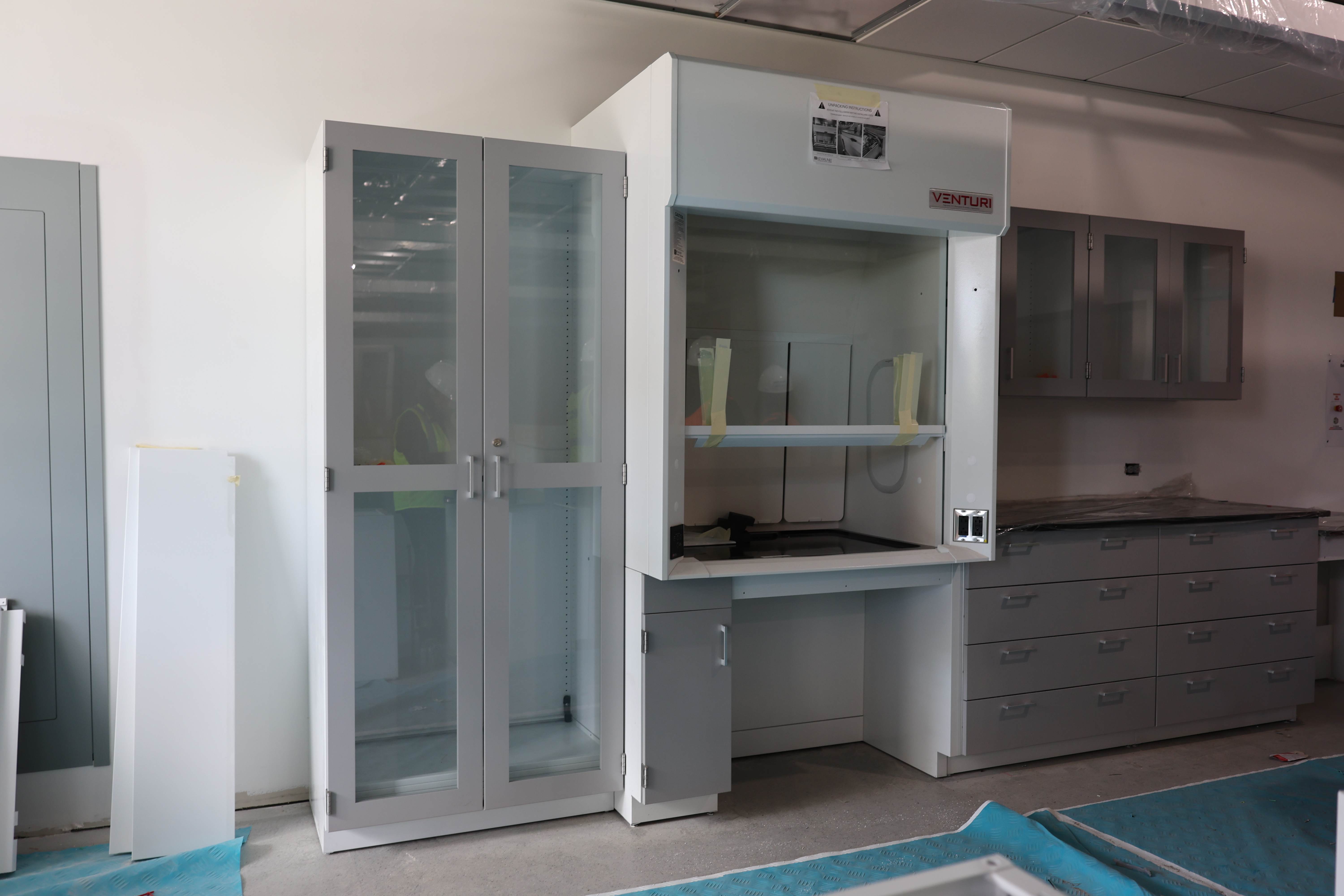 Lab equipment and storage inside new Science Building.