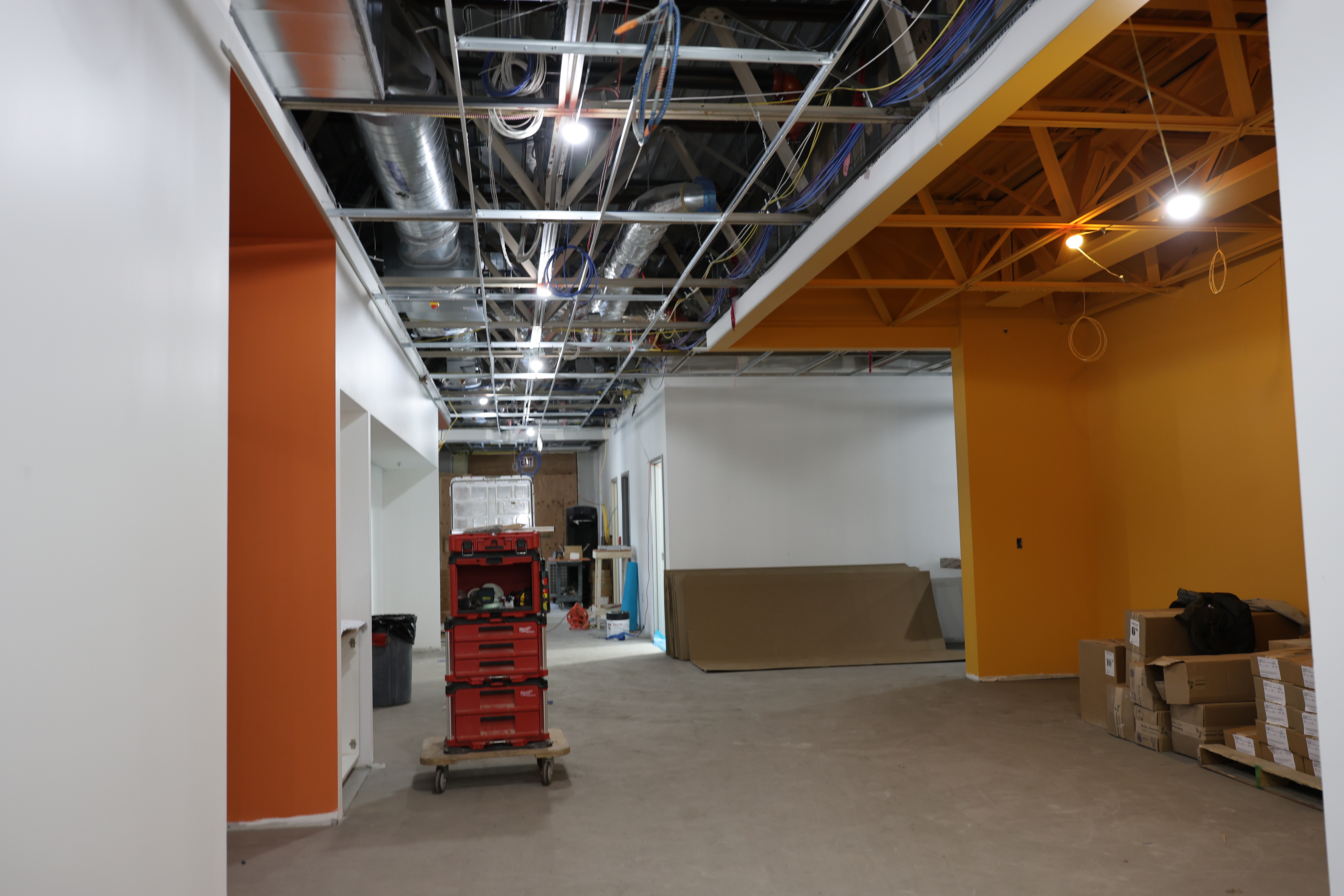 Shades of orange paintwork on walls in the new Science Building.
