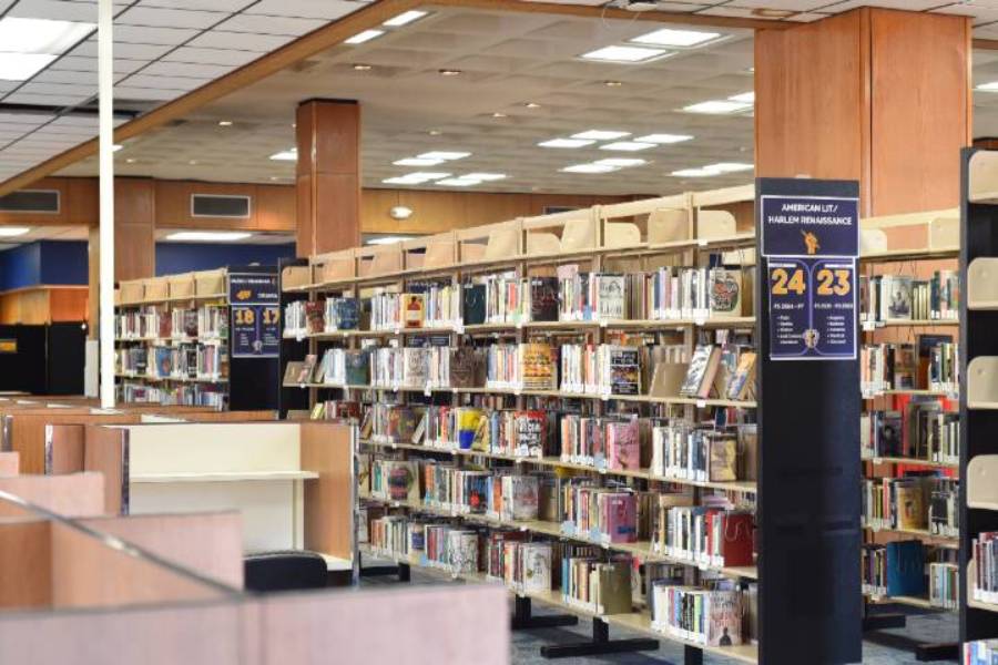 Bookstacks in the quiet study area of the Dr. Gerard F. Burke Library at Massasoit's Brockton Campus.