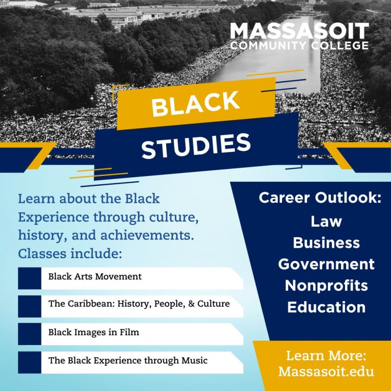 Graphic for Black Studies Associate Degree program. Includes an image from the March on Washington for Jobs and Freedom on August 28, 1963. The graphic lists class options for the program and career outlook details. All available at the link in the body of the post.