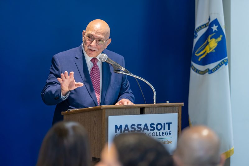 Massasoit Community College President Ray DiPasquale speaking at the Inaugural Women's Leadership Initiative breakfast in 2023.