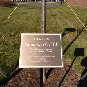 The bronze commemorative plaque at the tree planted in Ifill's honor at Massasoit. It reads: In honor of Pamerson O. Ifill, a true champion of Massasoit, student - graduate - trustee. Massasoit Community College, President of tge International Touch Club 1987-1989, Class of 1989, Trustee 2007-2018, Chair of the Board of Trustees 2012-2017.