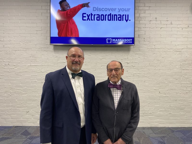 Professor Emeritus Anania with President Mitchell at the January 15 Board of Trustees Meeting in Brockton.